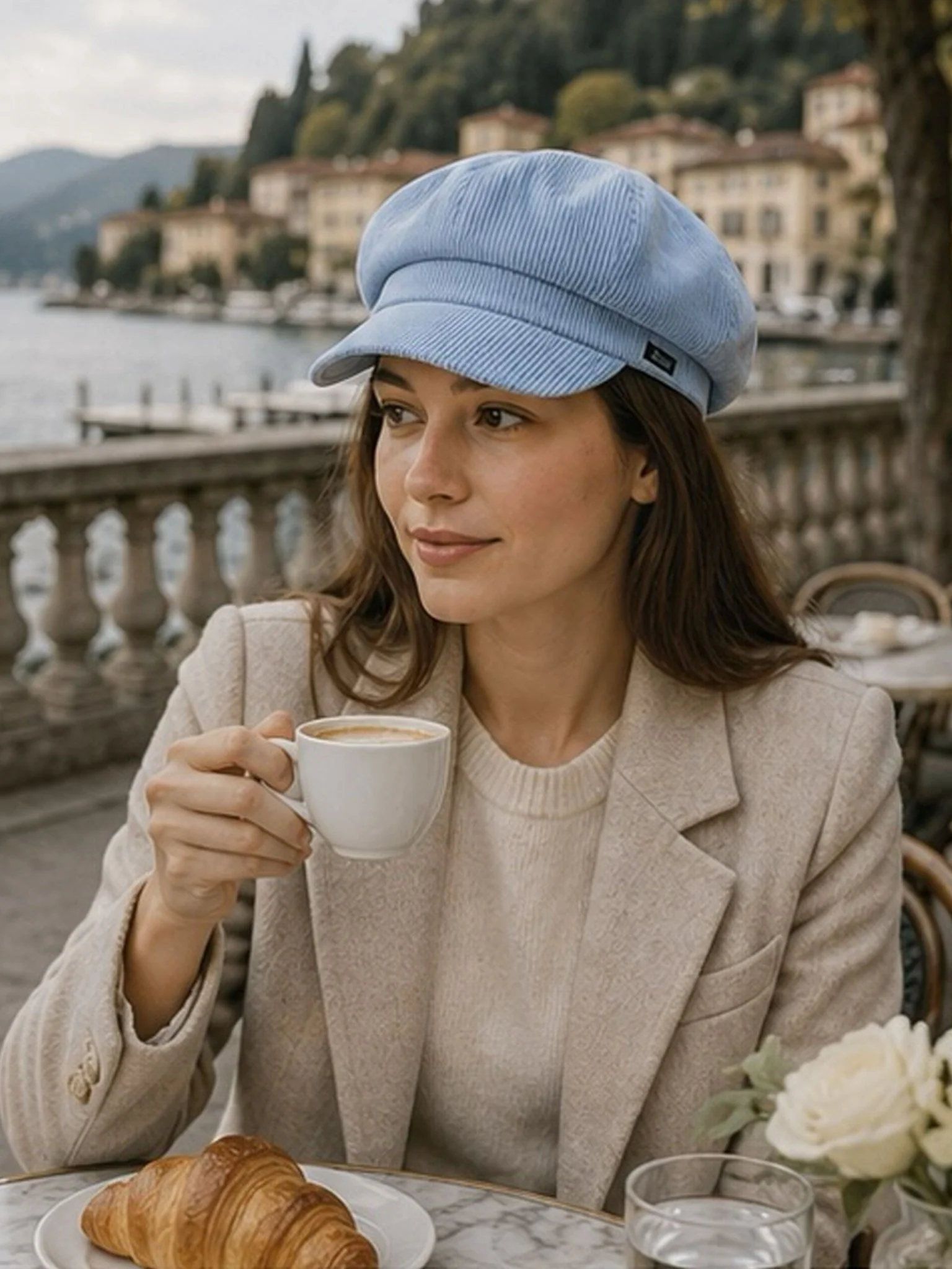 Craggi Ladies Baker Boy Hat Blue Cord, womens Newsboy Cap baby blue - Image 3