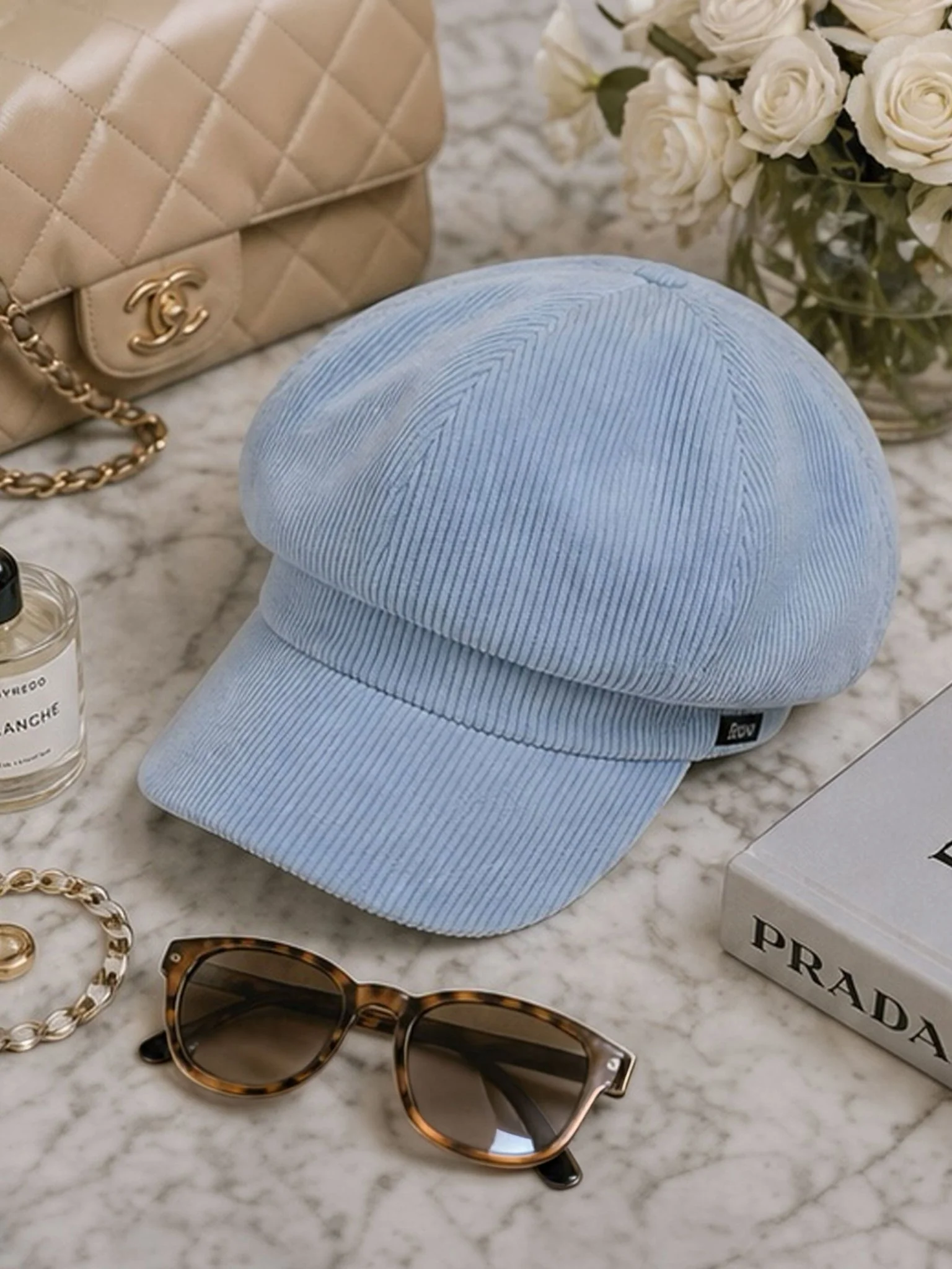 Craggi Ladies Baker Boy Hat Blue Cord, womens Newsboy Cap baby blue - Image 4