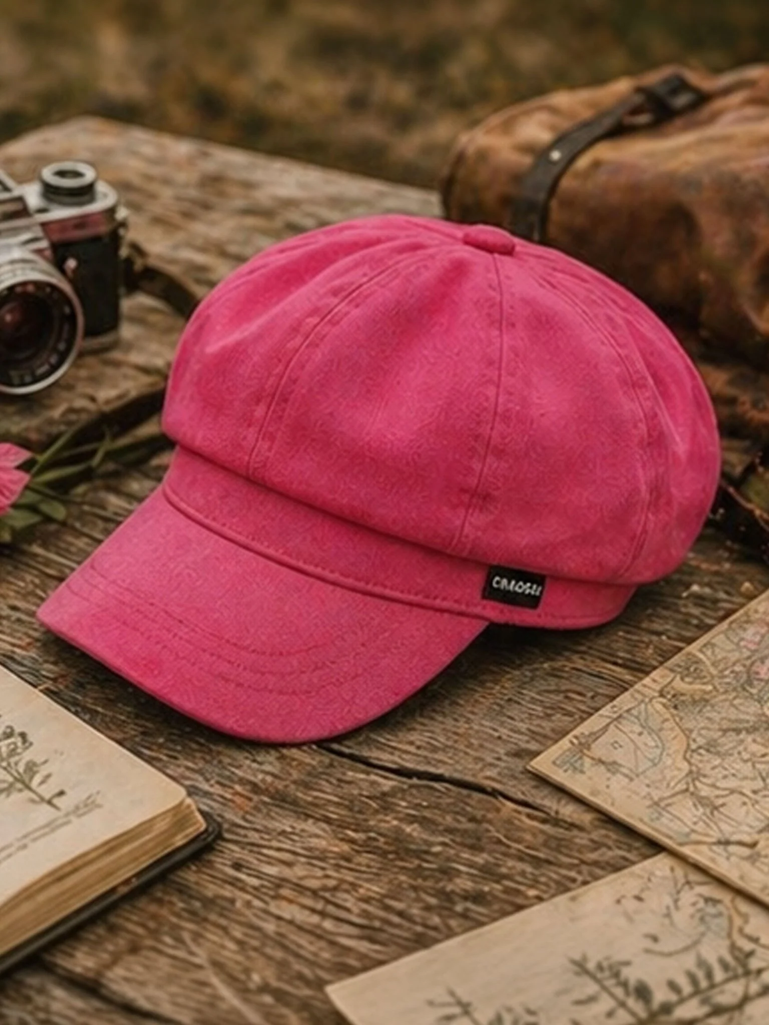 Craggi Ladies Baker boy Hat in Cerise Pink Denim, Womens Newsboy Cap - Image 3