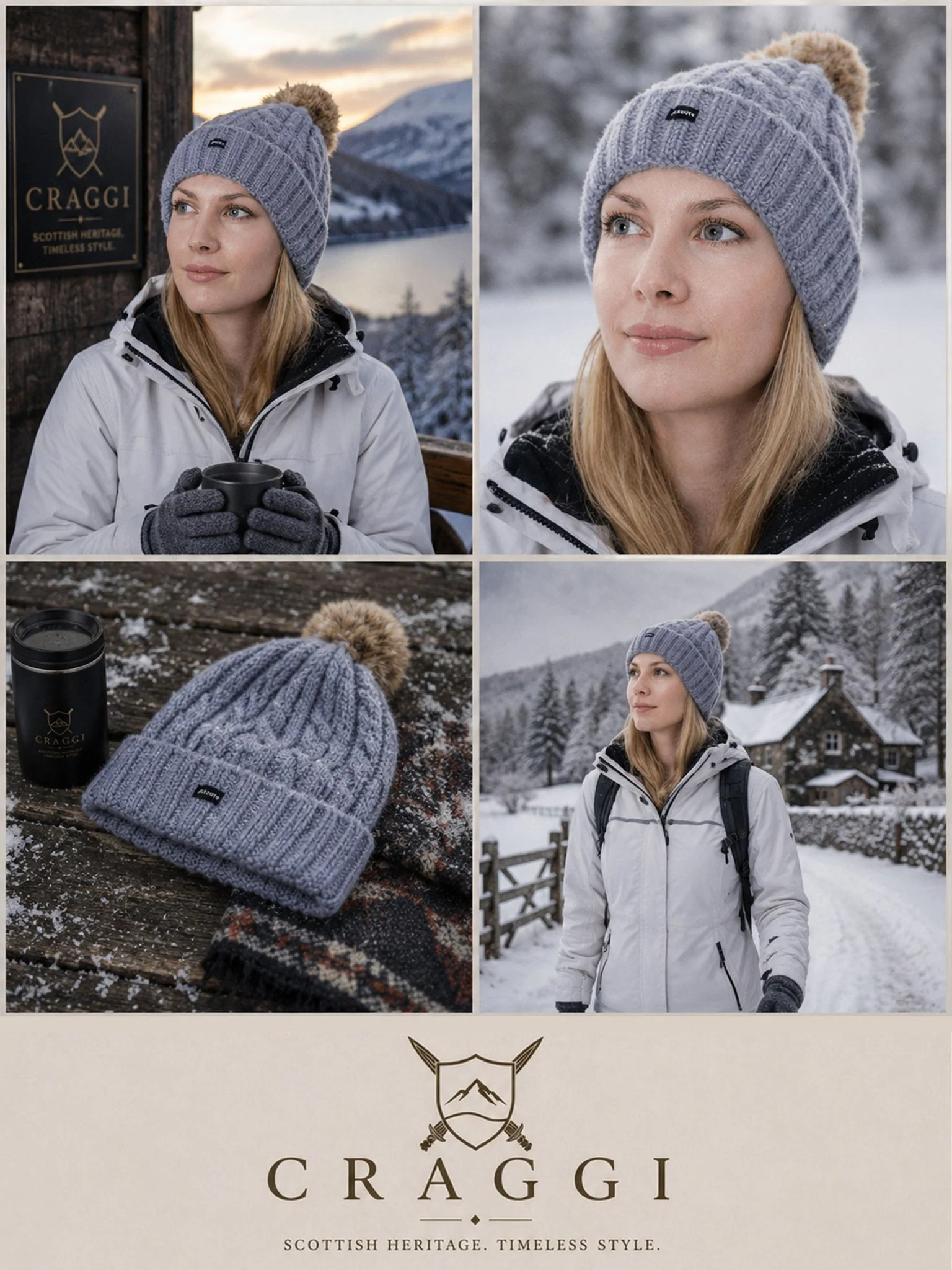 Craggi Ladies Bobble Hat Grey Cable Knit Pom Sports womens Beanie - Image 5
