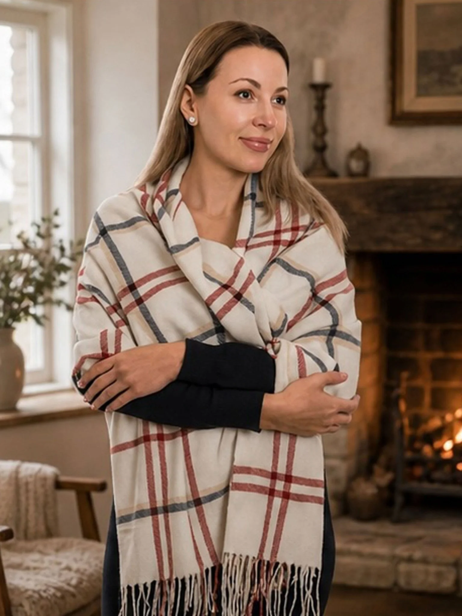 Craggi Ladies Pashmina Soft Check Shawl, Womens Blue and Red White Scarf