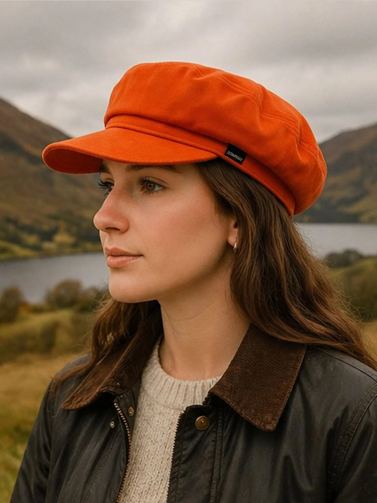 Craggi Ladies Velvet Orange Baker Boy Hat, Womens Shelby Newsboy Cap - Image 2